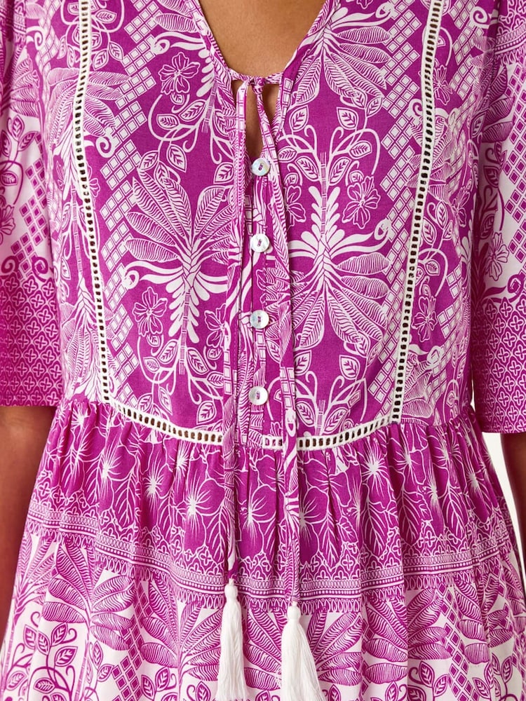 Roman Purple Floral Print Boho Smock Top - Image 5 of 5