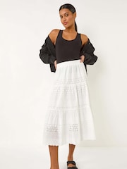 Roman White Broderie Cotton A-Line Midi 100% Cotton Skirt - Image 1 of 5