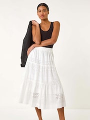 Roman White Broderie Cotton A-Line Midi 100% Cotton Skirt - Image 2 of 5