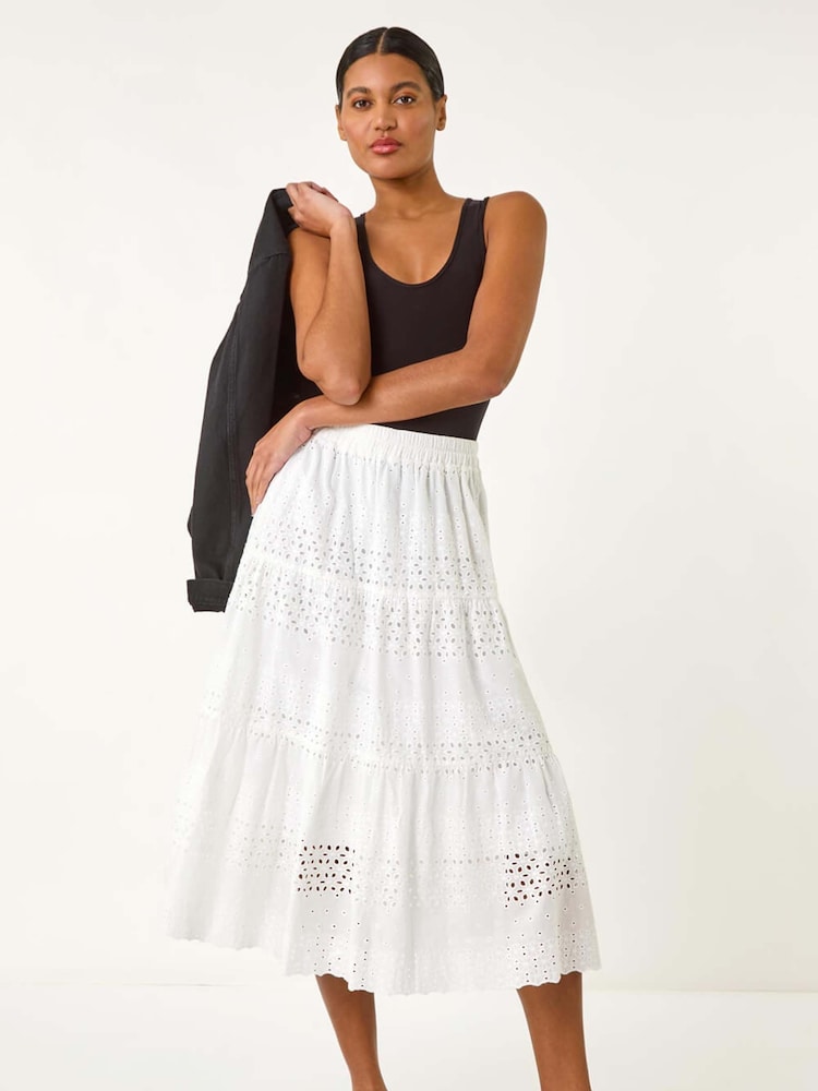 Roman White Broderie Cotton A-Line Midi 100% Cotton Skirt - Image 2 of 5