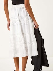 Roman White Broderie Cotton A-Line Midi 100% Cotton Skirt - Image 3 of 5