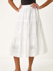 Roman White Broderie Cotton A-Line Midi 100% Cotton Skirt - Image 4 of 5