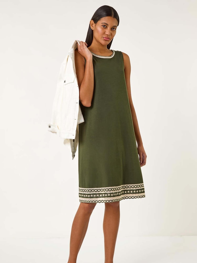 Roman Green Embroidered Trim Stretch Jersey Shift Dress - Image 1 of 5