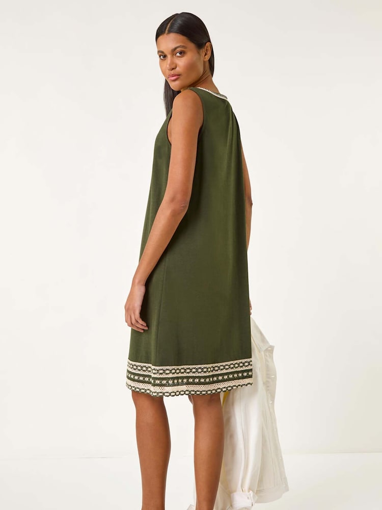 Roman Green Embroidered Trim Stretch Jersey Shift Dress - Image 3 of 5