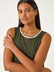 Roman Green Embroidered Trim Stretch Jersey Shift Dress - Image 4 of 5