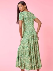 Roman Green Floral Print Ruched Sleeve Midi Dress - Image 1 of 5