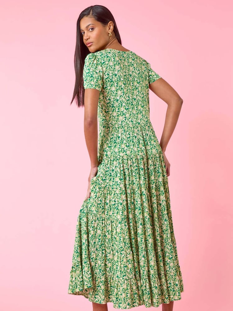 Roman Green Floral Print Ruched Sleeve Midi Dress - Image 1 of 5