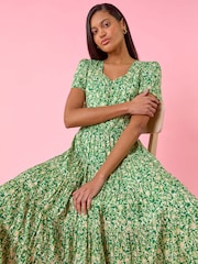 Roman Green Floral Print Ruched Sleeve Midi Dress - Image 2 of 5