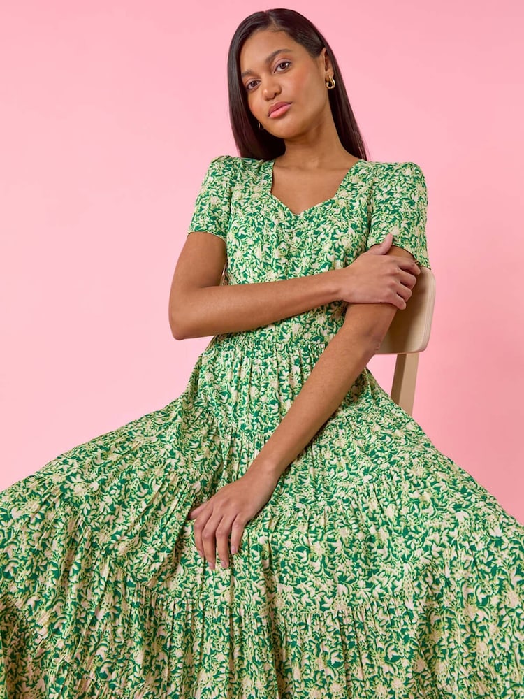 Roman Green Floral Print Ruched Sleeve Midi Dress - Image 2 of 5