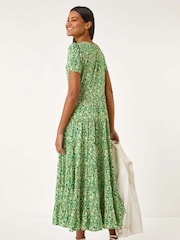 Roman Green Floral Print Ruched Sleeve Midi Dress - Image 3 of 5