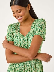 Roman Green Floral Print Ruched Sleeve Midi Dress - Image 4 of 5