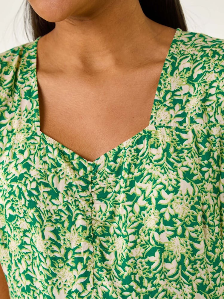 Roman Green Floral Print Ruched Sleeve Midi Dress - Image 5 of 5