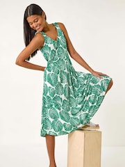 Roman Green Leaf Print V-Neck Stretch Midi Dress - Image 1 of 5