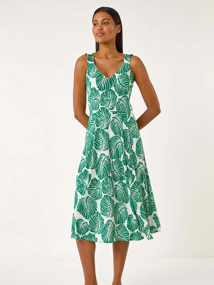 Roman Green Leaf Print V-Neck Stretch Midi Dress - Image 2 of 5