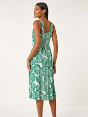 Roman Green Leaf Print V-Neck Stretch Midi Dress - Image 3 of 5