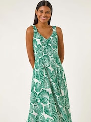 Roman Green Leaf Print V-Neck Stretch Midi Dress - Image 4 of 5