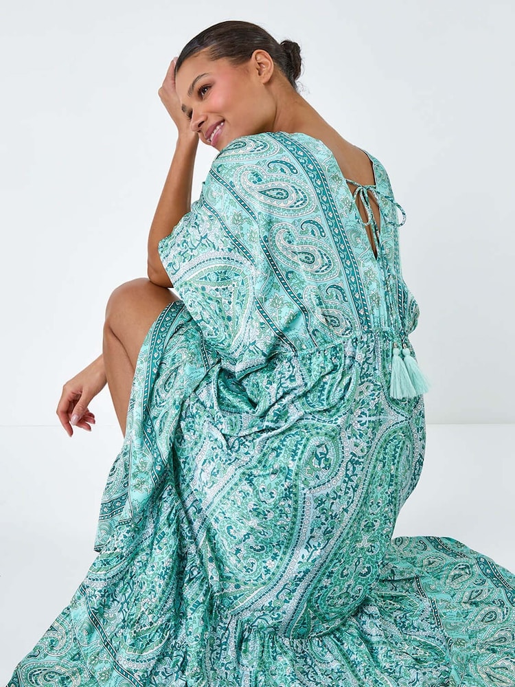 Roman Green Tie Back Tassel Detail Tiered Dress - Image 2 of 5