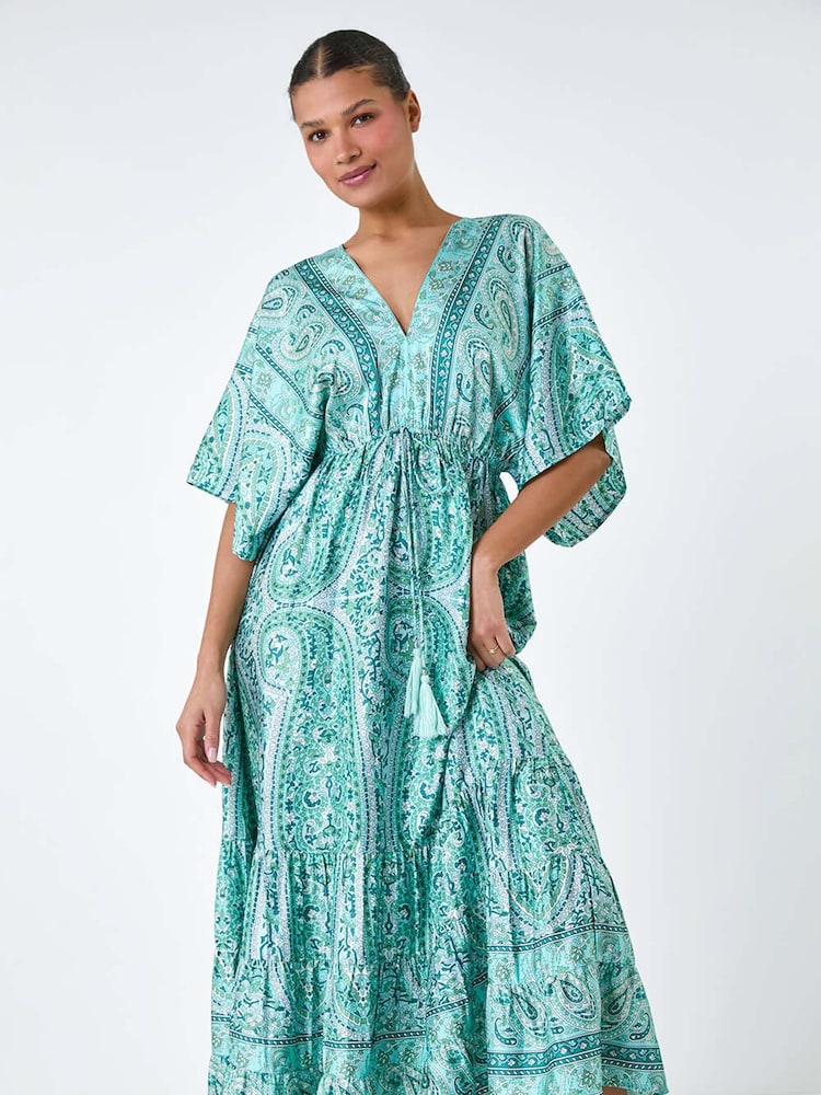 Roman Green Tie Back Tassel Detail Tiered Dress - Image 4 of 5