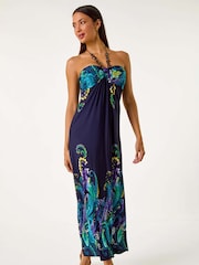 Roman Blue Paisley Beaded Necklace Bandeau Maxi Dress - Image 1 of 5