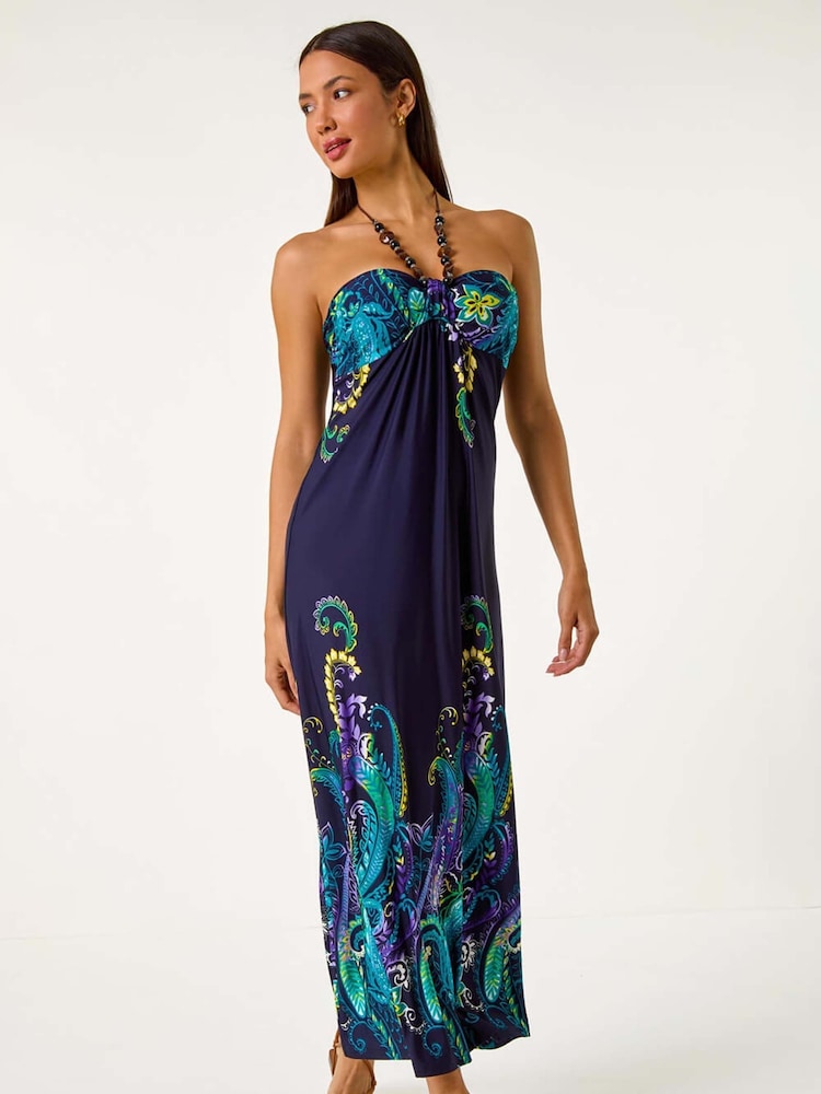 Roman Blue Paisley Beaded Necklace Bandeau Maxi Dress - Image 1 of 5