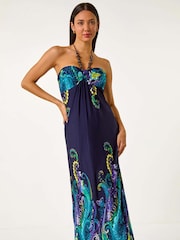 Roman Blue Paisley Beaded Necklace Bandeau Maxi Dress - Image 2 of 5