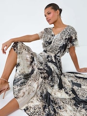 Roman Brown Animal Print Shimmer Tiered Maxi Dress - Image 1 of 5