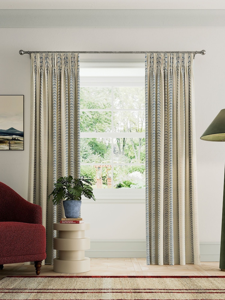 Land & Shore Blue Red Fintra Stripe Lined Pencil Pleat Curtains - Image 1 of 3