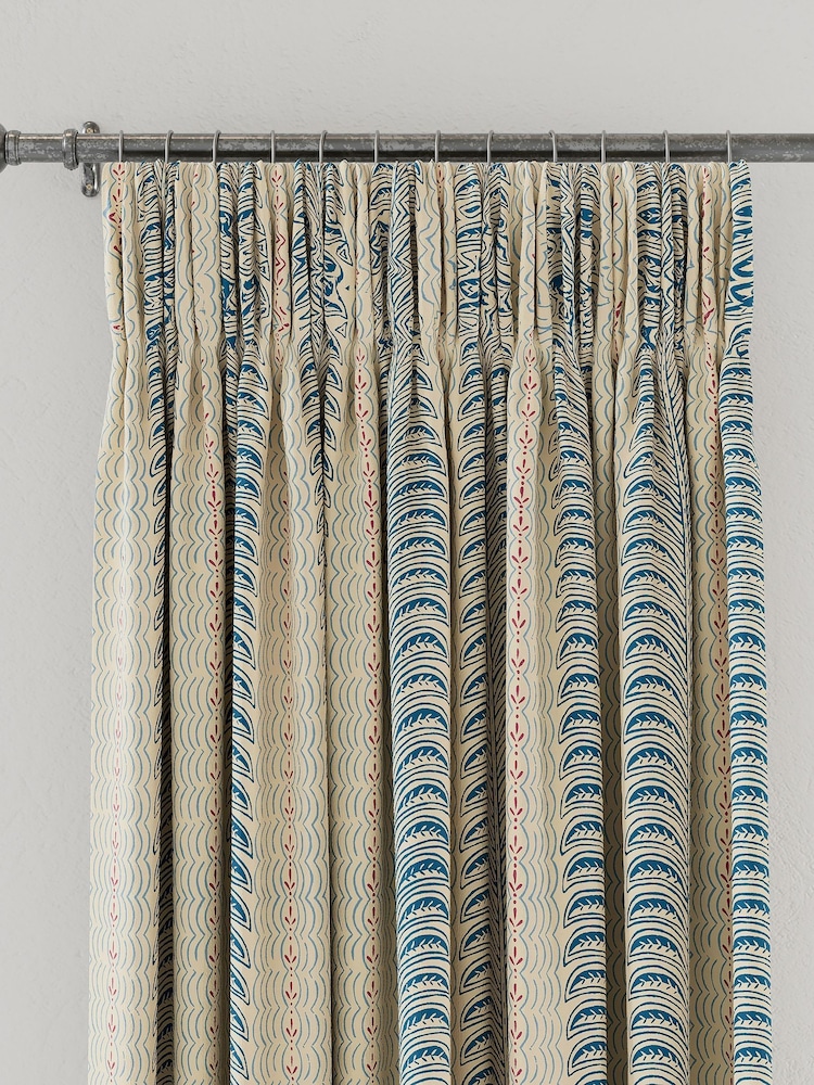 Land & Shore Blue Red Fintra Stripe Lined Pencil Pleat Curtains - Image 3 of 3