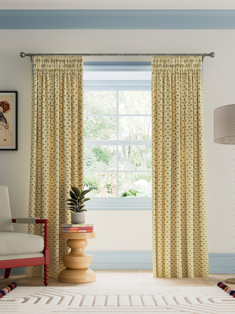 Land & Shore Ochre Multi Dawn Lined Pencil Pleat Curtains - Image 1 of 3
