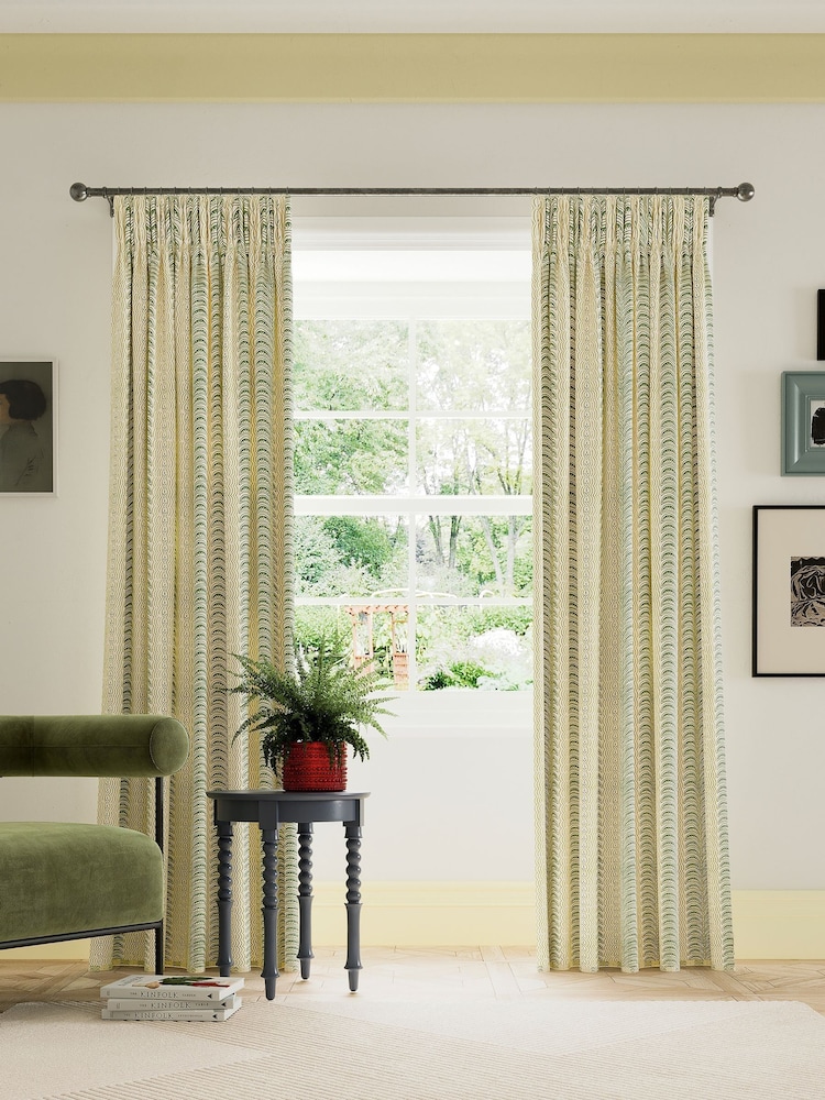 Land & Shore Green Fintra Stripe Lined Pencil Pleat Curtains - Image 1 of 3