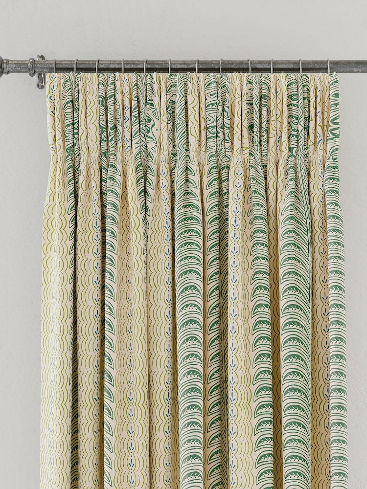 Land & Shore Green Fintra Stripe Lined Pencil Pleat Curtains - Image 3 of 3
