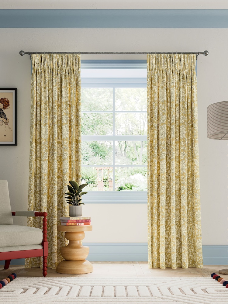 Land & Shore Ochre Multi Rowallane Lined Pencil Pleat Curtains - Image 1 of 3