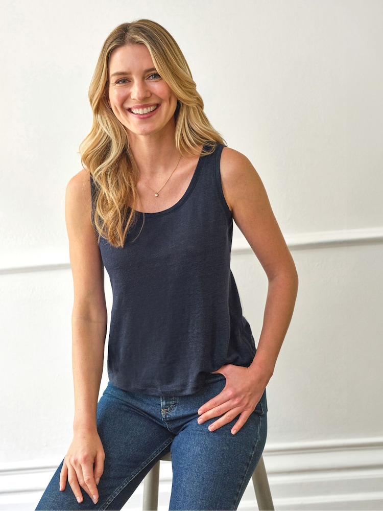 Pure Collection Blue Luxury 100% Linen Vest with Coverstitch Detail & Shaped Hemline - Image 1 of 2 Pure Collection Blue Luxury 100% Linen Vest with Coverstitch Detail & Shaped Hemline - Image 1 of 2