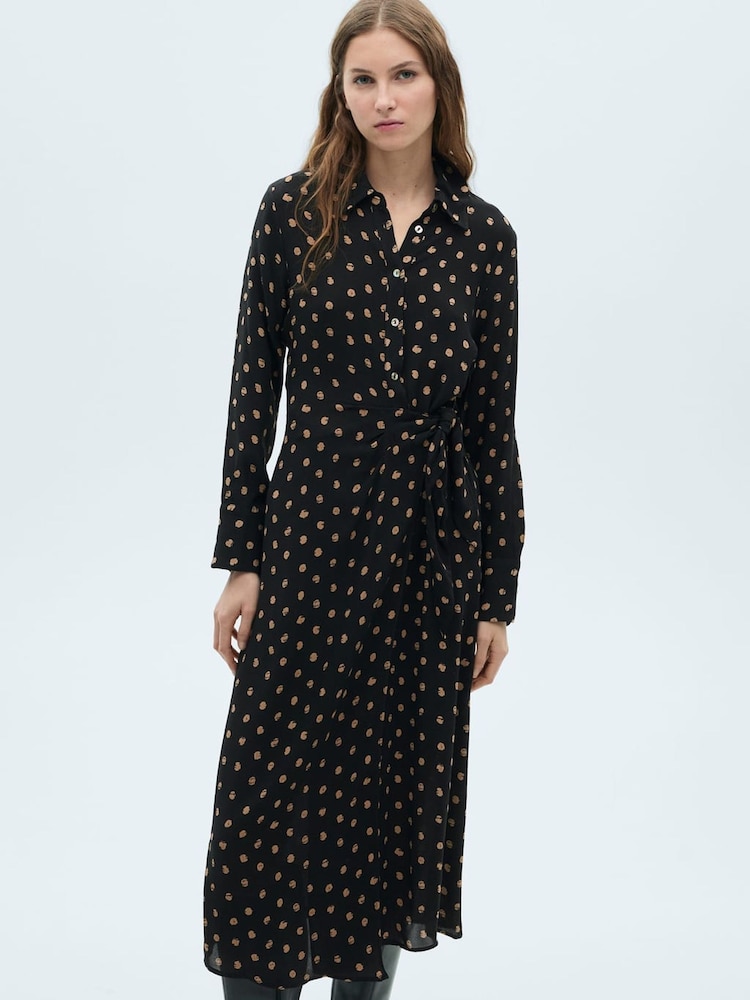 Mango Black Polka-Dot Shirt Dress With Knot Detail - Image 1 of 6