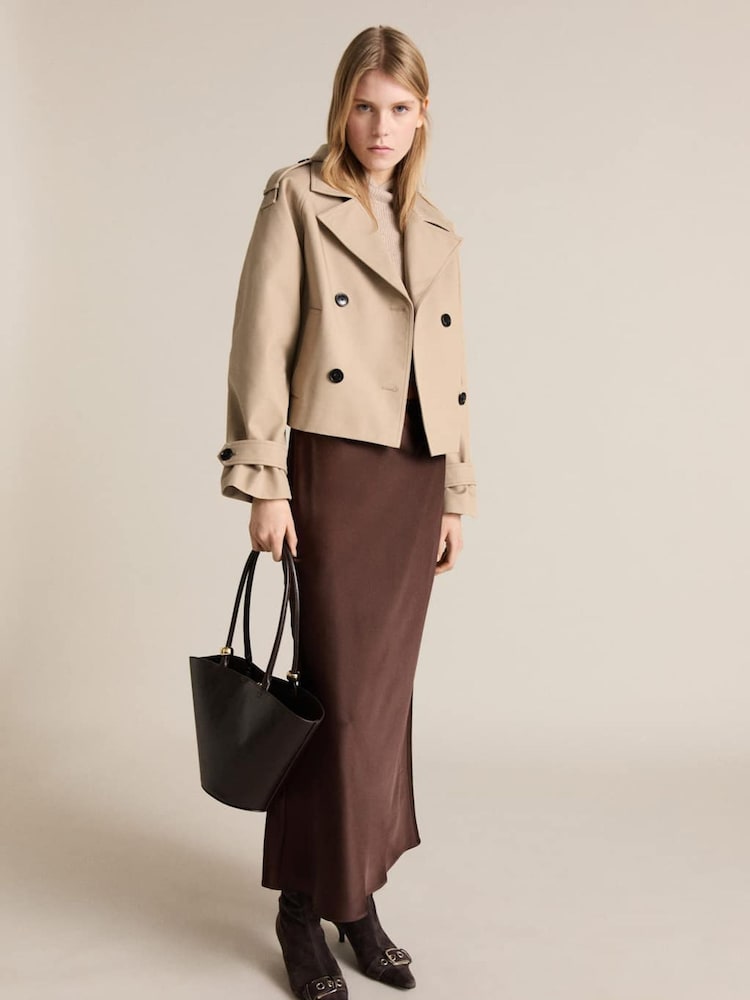 Mango Cream Double-Breasted Short Trench Coat - Image 1 of 6 Mango Cream Double-Breasted Short Trench Coat - Image 1 of 6