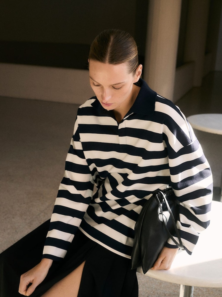 Mango Blue Striped Polo-Neck Sweatshirt - Image 1 of 6 Mango Blue Striped Polo-Neck Sweatshirt - Image 1 of 6