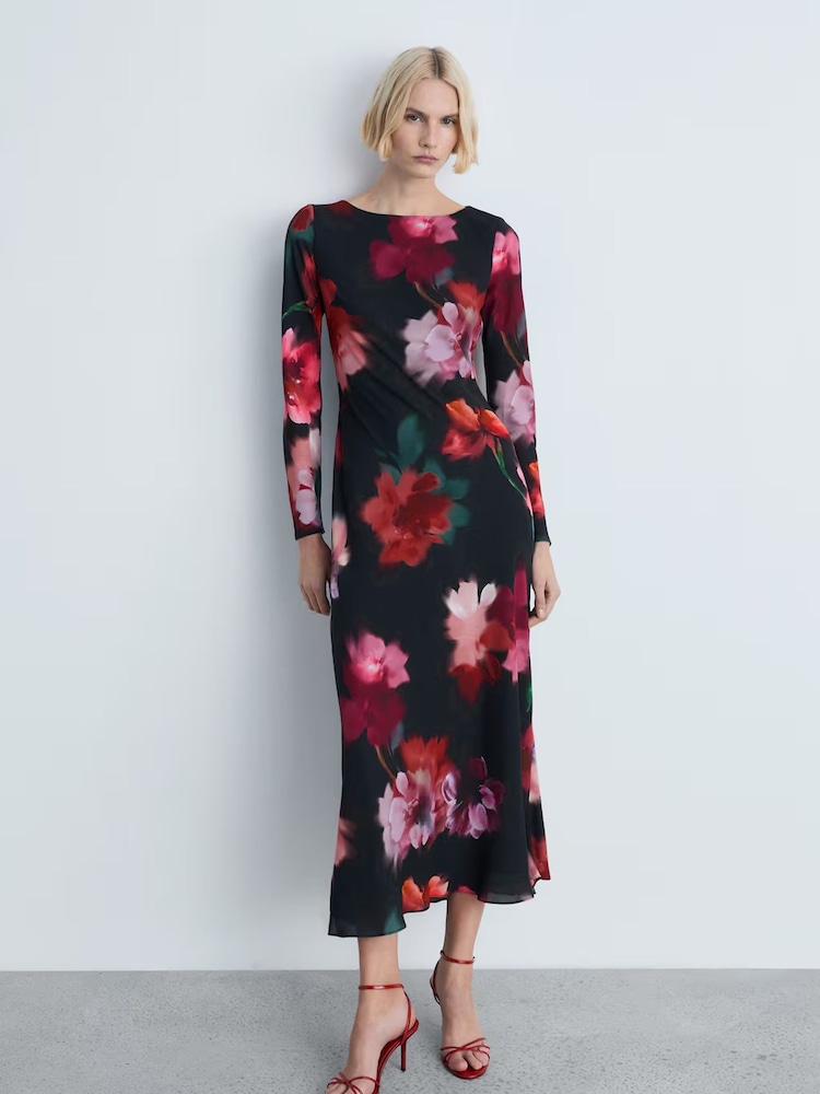 Mango Black Floral-Print Midi-Dress - Image 1 of 6 Mango Black Floral-Print Midi-Dress - Image 1 of 6