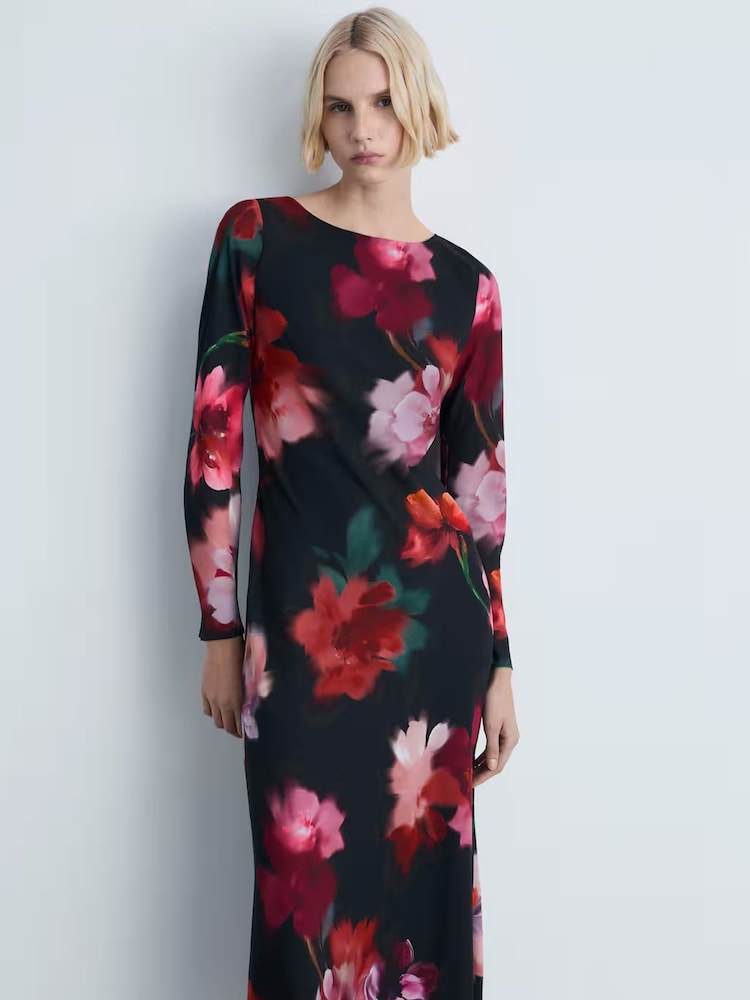 Mango Black Floral-Print Midi-Dress - Image 2 of 6 Mango Black Floral-Print Midi-Dress - Image 2 of 6