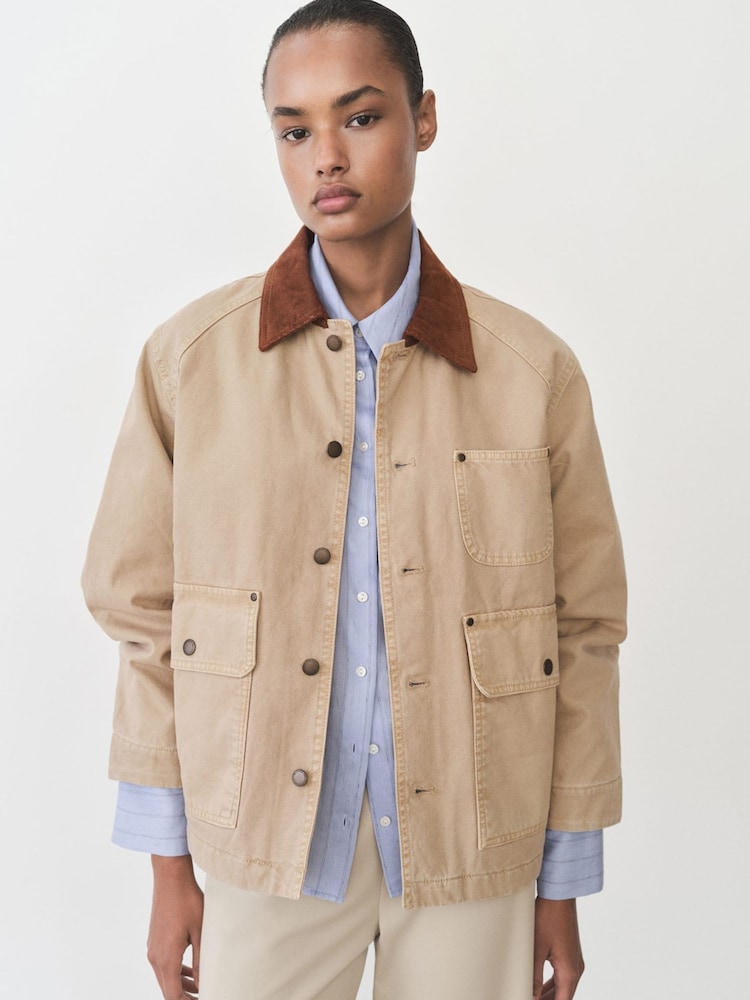 Mango Brown Contrast Collar Denim Jacket - Image 1 of 7