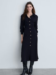 Mango Black Maxi Draped Waist Shirt Dress - Image 1 of 6