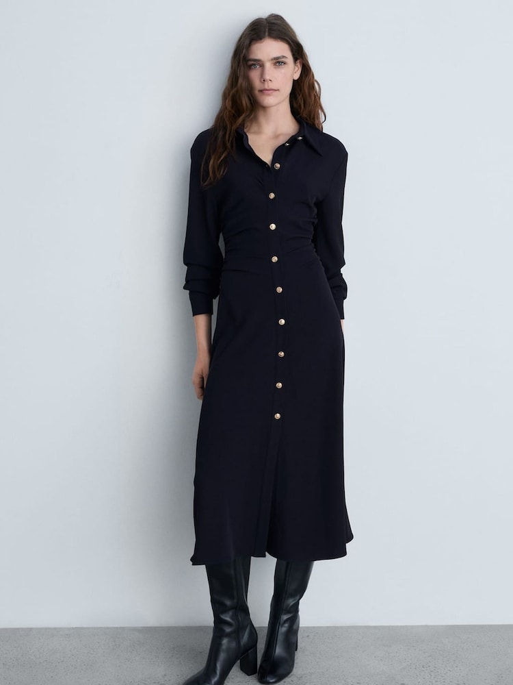 Mango Black Maxi Draped Waist Shirt Dress - Image 1 of 6 Mango Black Maxi Draped Waist Shirt Dress - Image 1 of 6