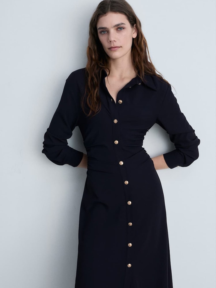 Mango Black Maxi Draped Waist Shirt Dress - Image 2 of 6 Mango Black Maxi Draped Waist Shirt Dress - Image 2 of 6