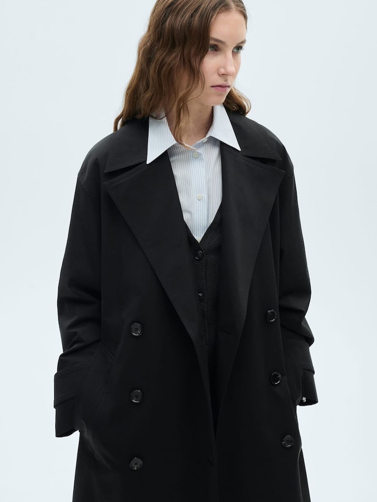 Mango Black Long Oversized Double-Breasted Trench Coat - Image 1 of 7