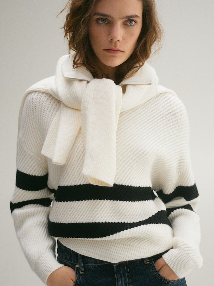 Mango Cream Striped Ribbed-Knit Sweater - Image 1 of 7 Mango Cream Striped Ribbed-Knit Sweater - Image 1 of 7