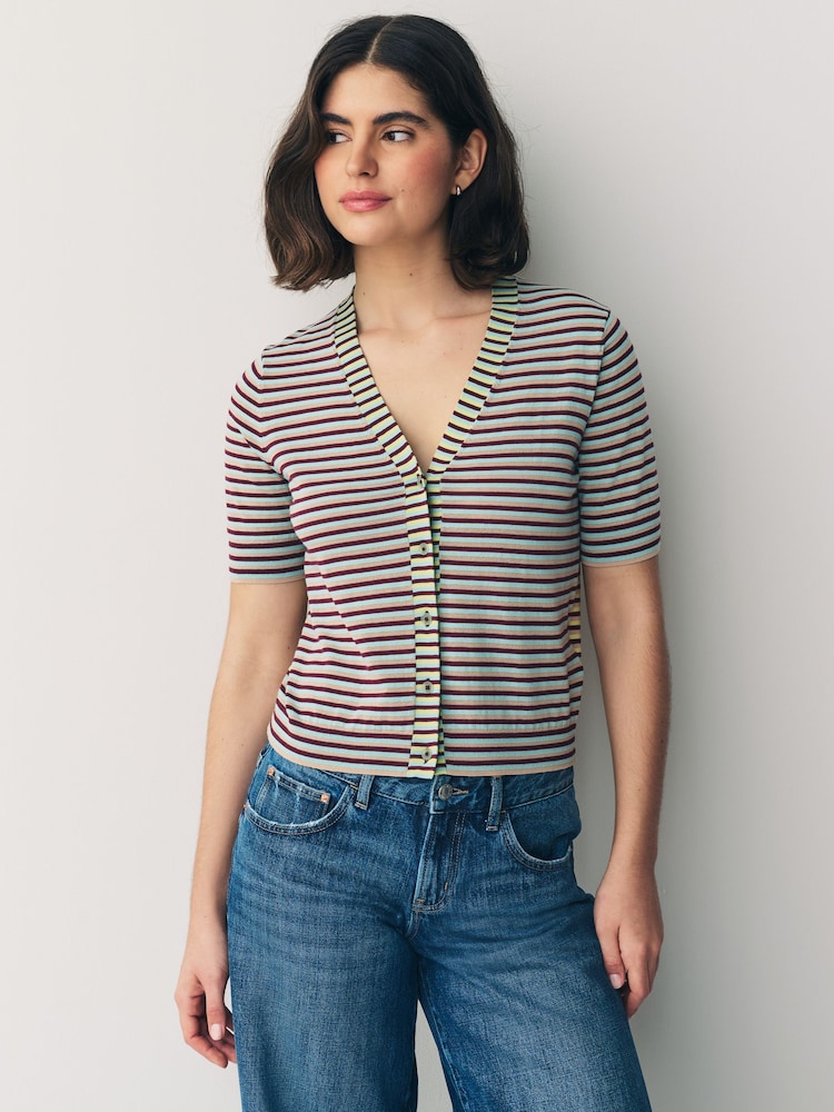PS Paul Smith Blue Stripe Knitted V-Neck Short Sleeve Cardigan - Image 1 of 8
