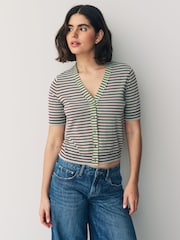 PS Paul Smith Blue Stripe Knitted V-Neck Short Sleeve Cardigan - Image 2 of 8