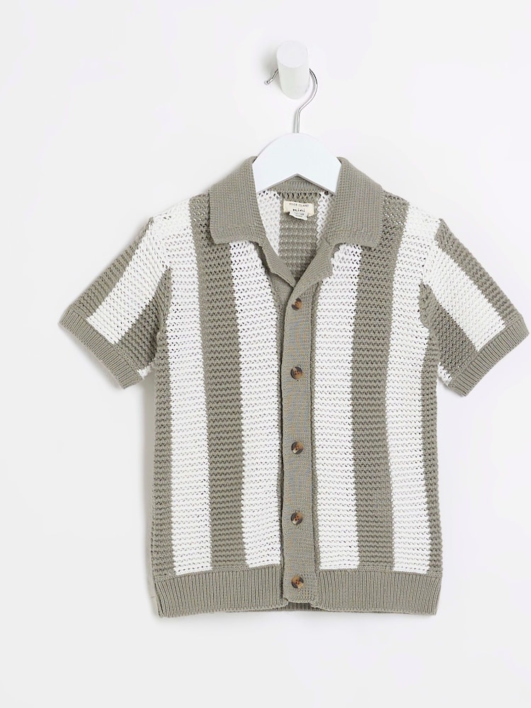 River Island Green/White Boys Stripe 100% Cotton Polo Jumper - Image 1 of 4 River Island Green/White Boys Stripe 100% Cotton Polo Jumper - Image 1 of 4