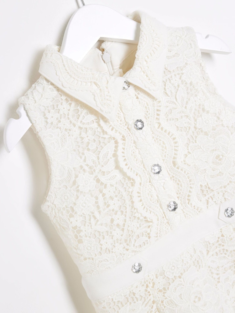 River Island White Girls Lace Collar Shirt Dress - Image 2 of 4 River Island White Girls Lace Collar Shirt Dress - Image 2 of 4