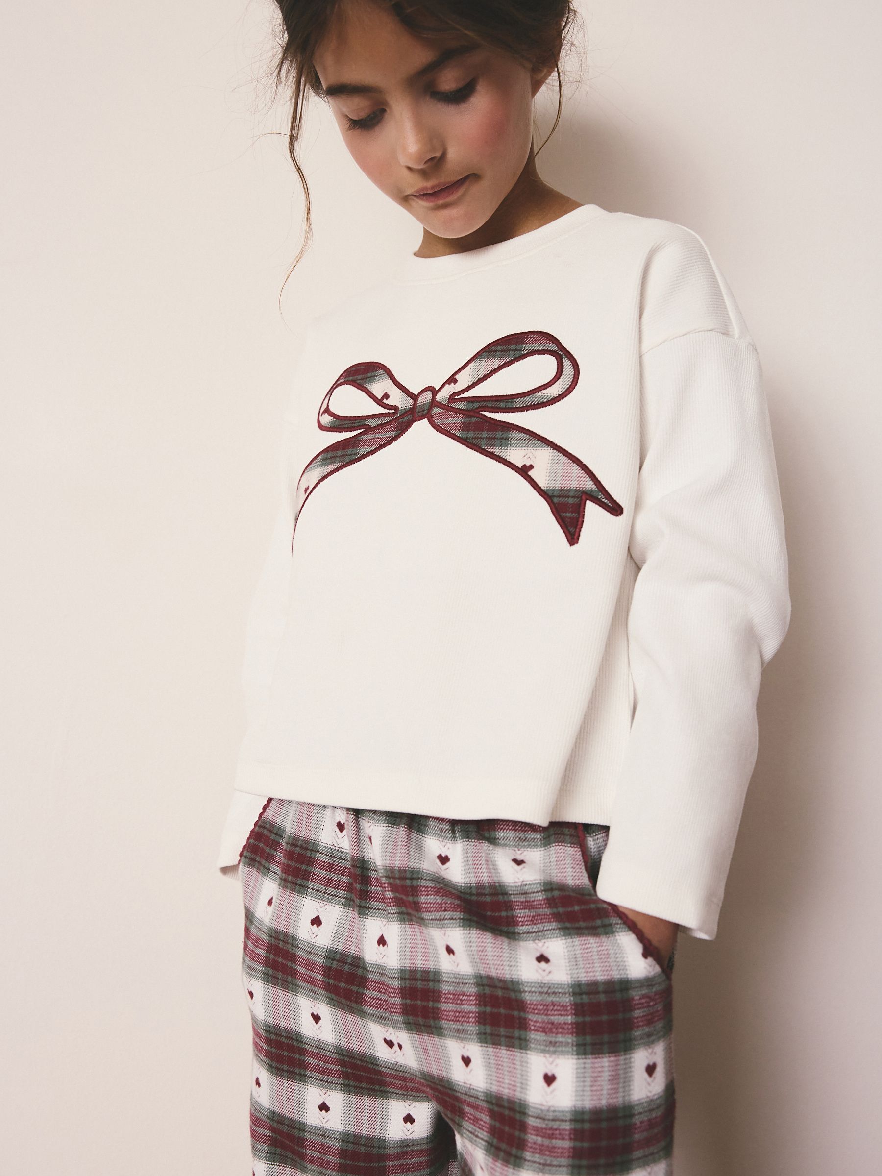 Buy Red/Green Bow Check Christmas Woven Bottom Pyjamas (2-16yrs