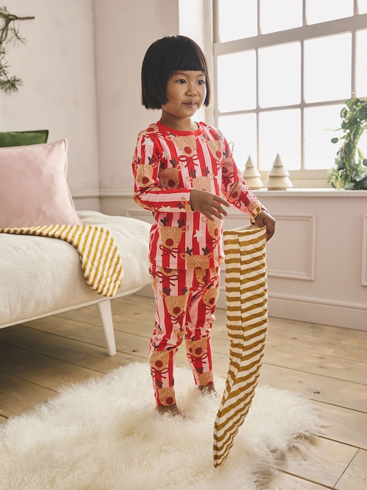 Red/Pink Stripe Reindeer Christmas Pyjamas (9mths-16yrs) - Image 1 of 10